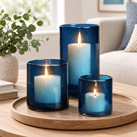 Blue Medium 3-Piece Hurricane Candle Holder Set with Bubble Glass for Pillar, Votive, Tealight Candles