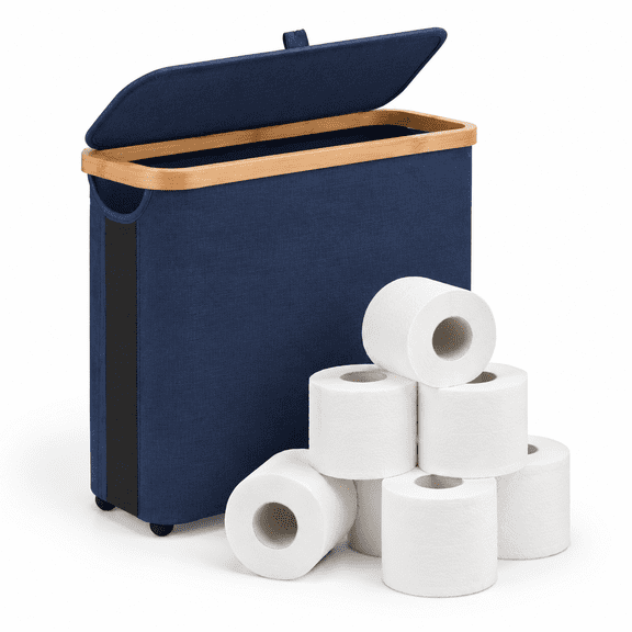 Blue Medium Oxford Fabric Toilet Paper Storage Basket With Lid, Holds Up To 9 Mega Rolls