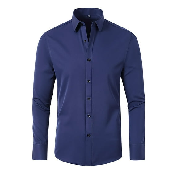 Blue Men Dress Shirts, Long Sleeve Mens Shirts, Work Polyester Tshirts Shirts for Men, Non Ironing Elastic Men's d Shirt Lapel Solid Color Button