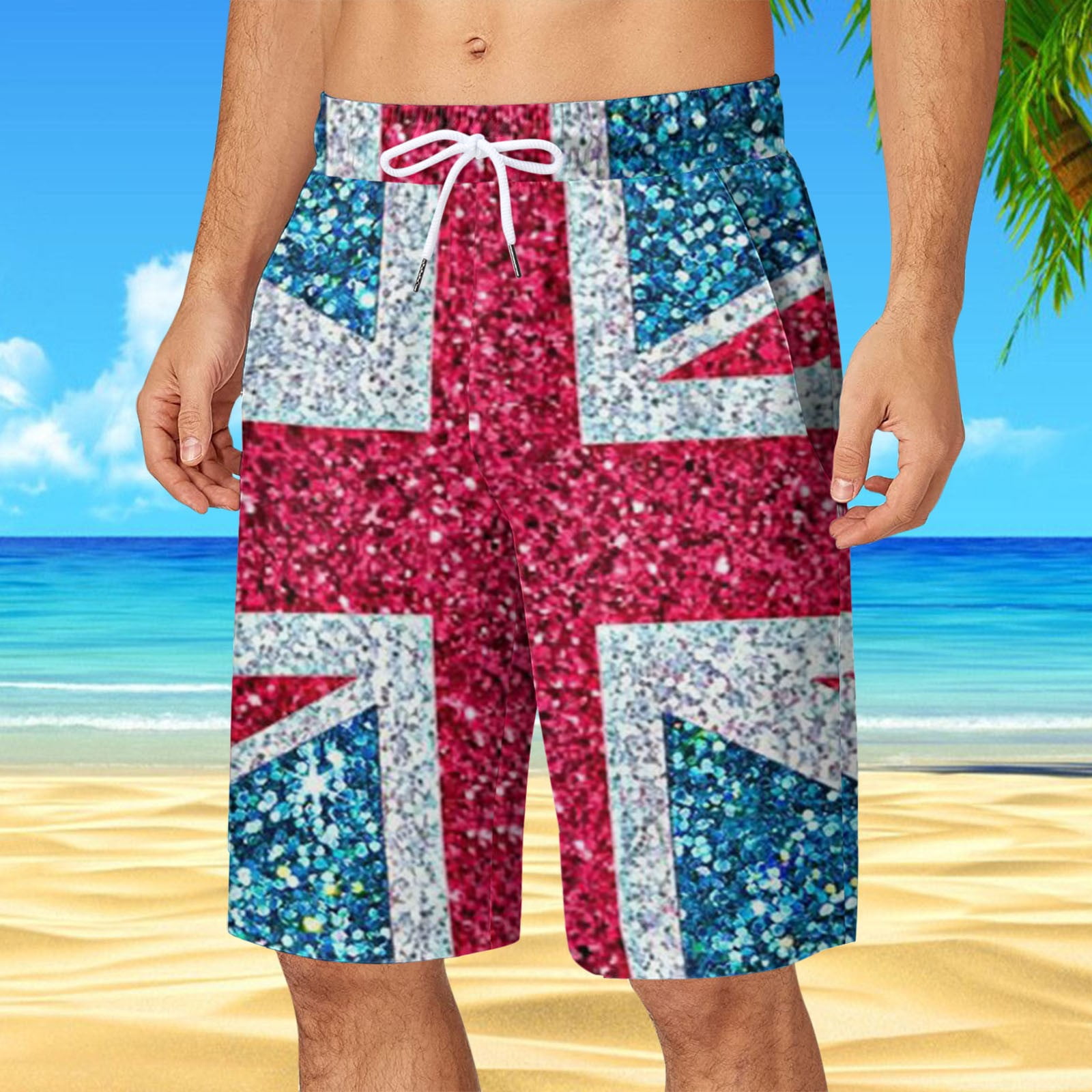 Blue Men's Beach Pants, Polyester Shorts for Men, Mens Summer Plus Size