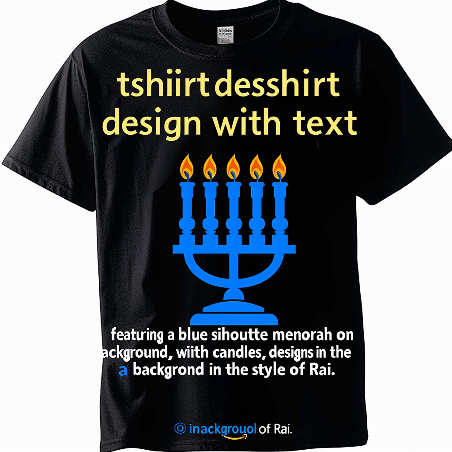 Blue Menorah Cartoon Design Black TShirt Hanukkah Inspired Tee Intricate Rai Style Art Unique