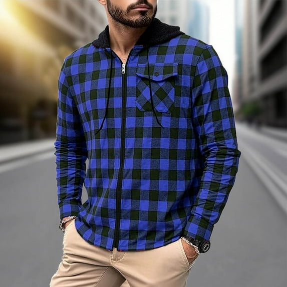 Blue Mens Jacket Winter Plaid Hood Zip Up Shirt Pocket Long Sleeve Men's Coat