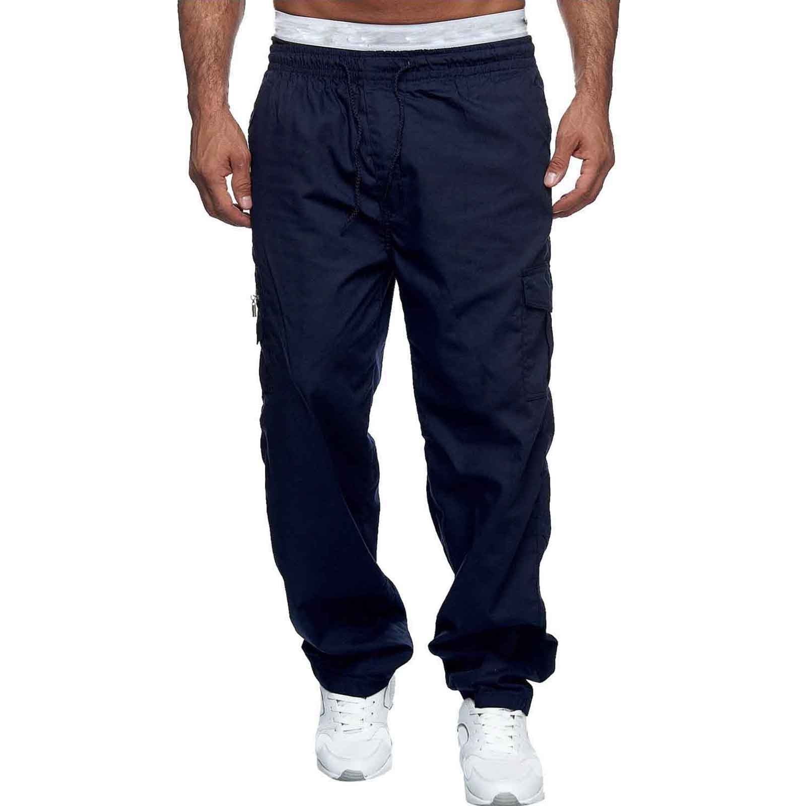Blue Mens Workout Pants Multi-pocket Pants Straight-leg Overalls Sports ...