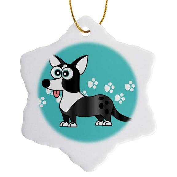 3drose, Blue Merle Cardigan Corgi with Paw Prints, 3 inch Snowflake Porcelain Ornament