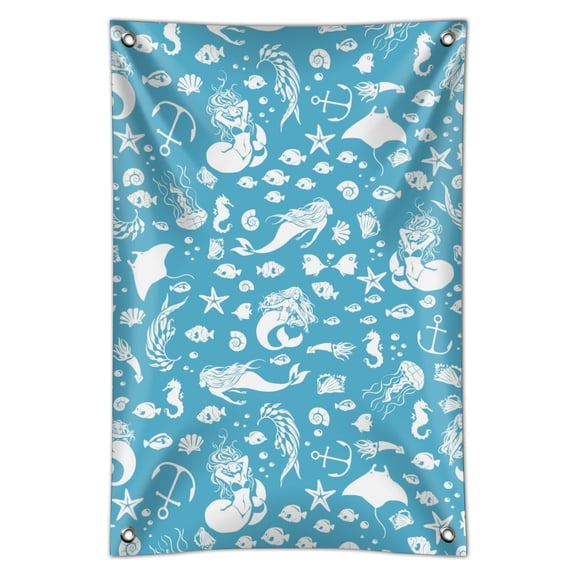 Blue Mermaid Pattern with Seashells Fish Manta Rays Ocean Home Business Office Sign