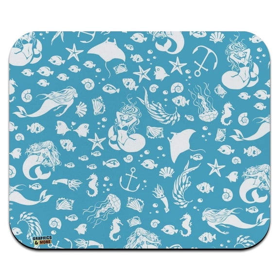 Blue Mermaid Pattern with Seashells Fish Manta Rays Ocean Low Profile Thin Mouse Pad Mousepad