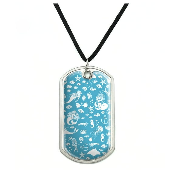 Blue Mermaid Pattern with Seashells Fish Manta Rays Ocean Military Dog Tag Pendant Necklace with Cord