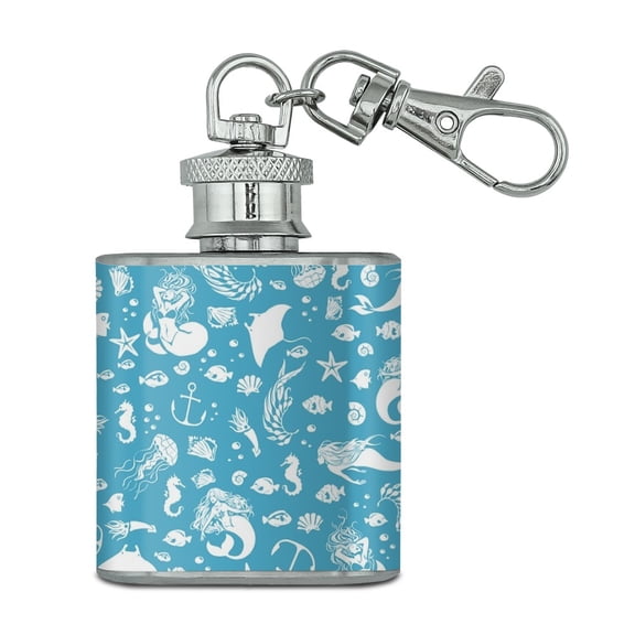 Blue Mermaid Pattern with Seashells Fish Manta Rays Ocean Stainless Steel 1oz Mini Flask Key Chain