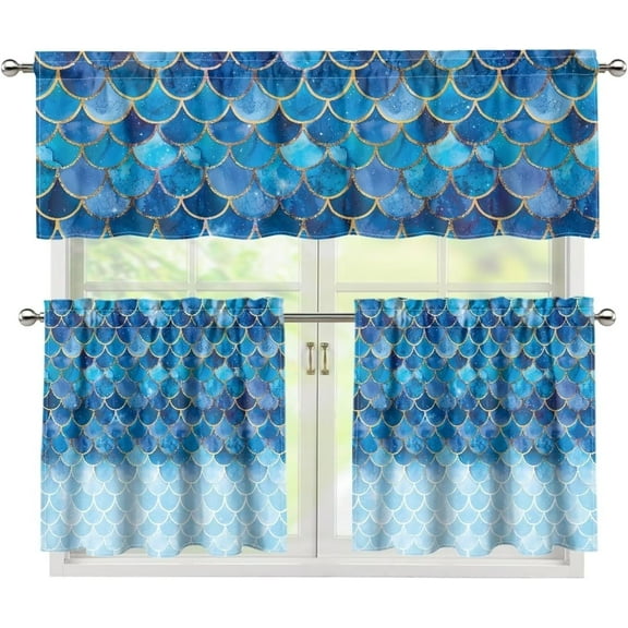 Blue Mermaid Scales 3 Piece Curtains Tiers and Valances Set, Rod Pocket Short Window Treatment Tiers Curtains Panel and Valance for Cafe Bathroom Kitchen Bedroom Vacation Home Decor