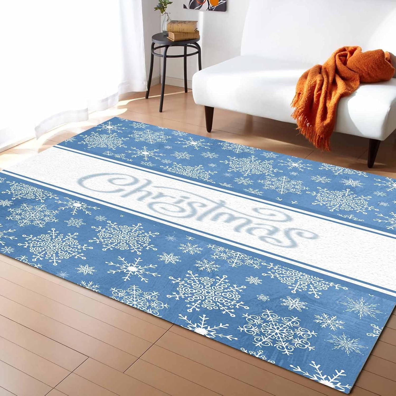 Blue Merry Christmas Area Rug for Living Room Rectangular Indoor Carpet ...
