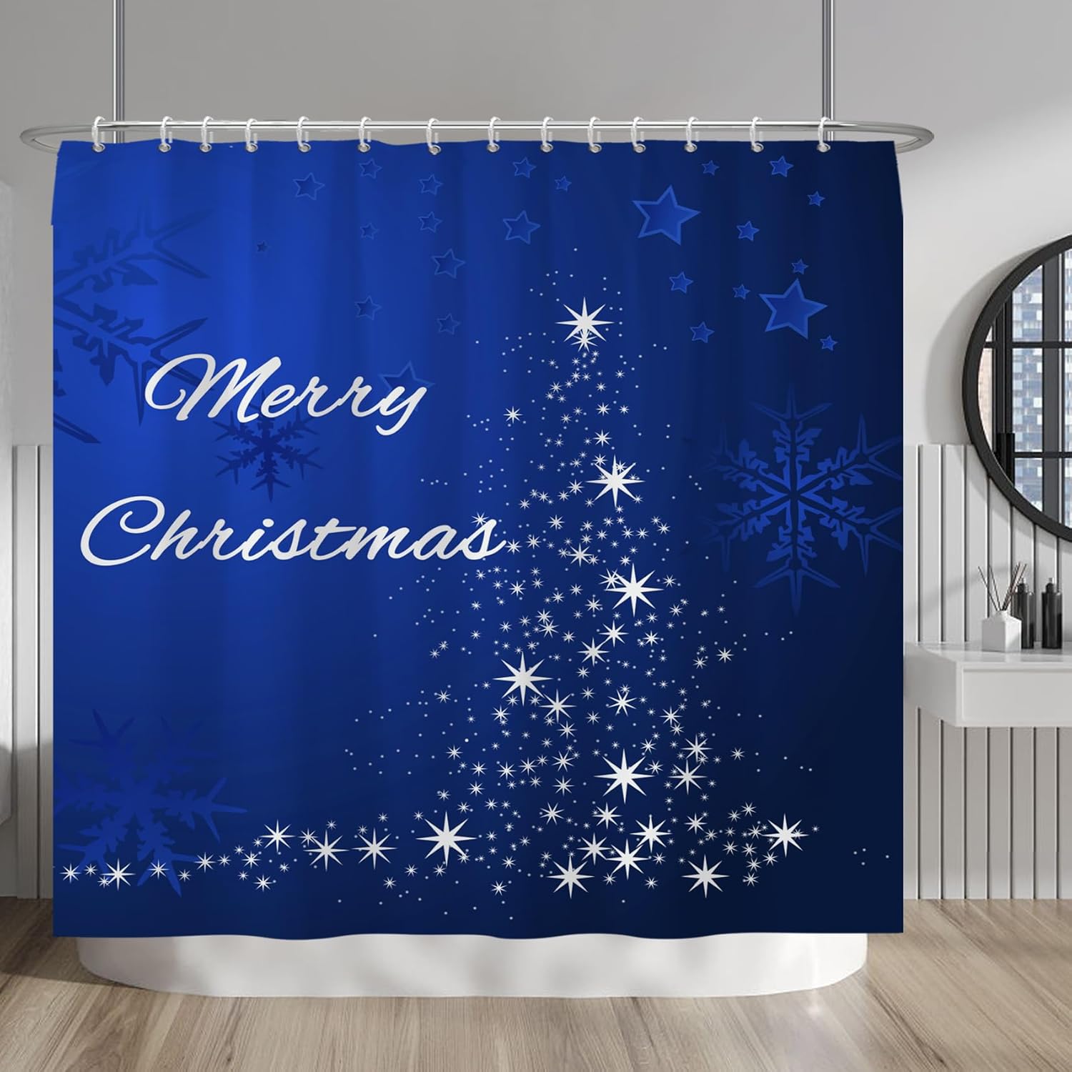 Blue Merry Christmas Shower Curtains Winter Holiday Abstract Snowflake Twinkle Star Shinny Dots Xmas Shower Curtain Set with Hooks for Bathroom Bath Polyester Waterproof 84x72 Inches