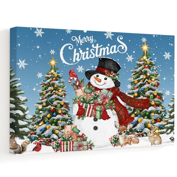 Blue Merry Christmas Snowman Canvas Wall Art 10" x 8" Xmas Tree Winter Snowflake Deer Frame Picture Prints, Ready to Hang Waterproof Artwork Decor for Bathroom, Kitchen Small Wall Spaces