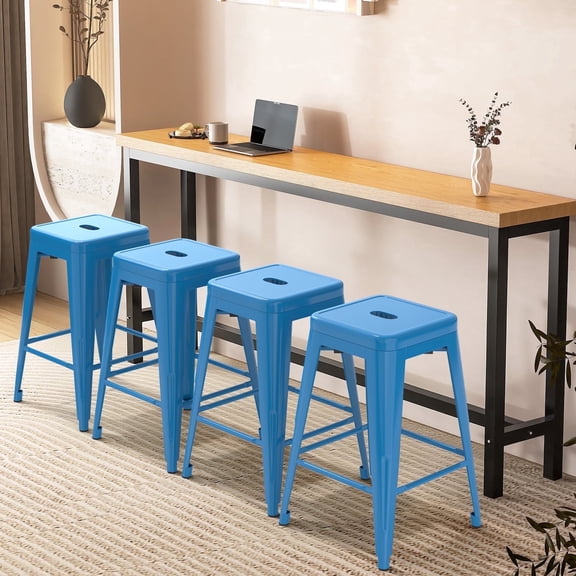 24" Metal Bar Stools Set of 4, Counter Height Stackable Backless Stools, Square Seat, Up to 300 lbs Weight Capacity, Indoor Outdoor Use ( Blue )