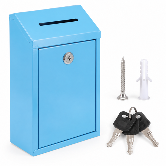 Blue Metal Donation Box With Lock, Ballot Drop Slot, And Mounting Holes For Home Office