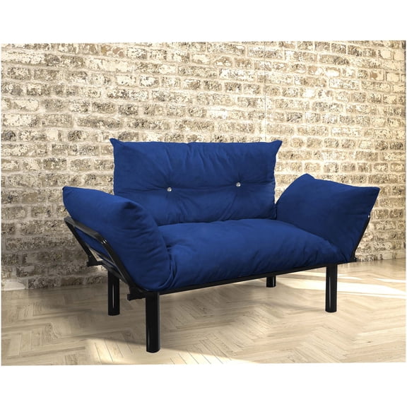 Blue Metal Futon Loveseat with Arms, Compact Sleeper Sofa for Small Spaces