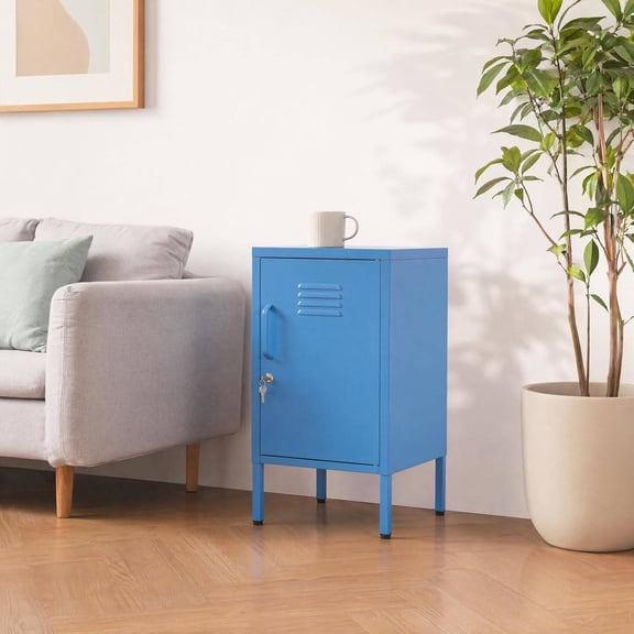 Blue Metal Lockable Nightstand with Adjustable Shelf & 2-Tier Storage, Freestanding Bedside Cabinet
