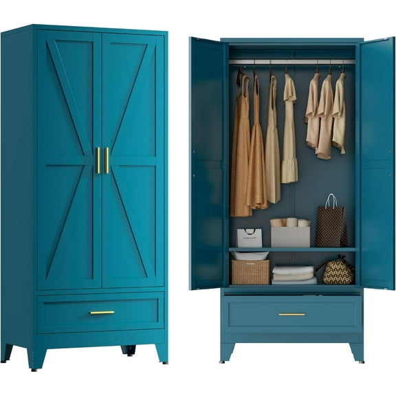 Blue Metal Wardrobe Cabinet for Bedroom, 71" Tall Freestanding Closet System with Drawer and Shelf, Hanging Rod Clothing Organizer with Two Doors, Farmhouse Steel Wardrobe Bedroom Armoires