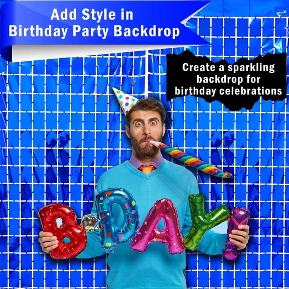 Blue Metallic Foil Square Curtain Backdrop for Birthday, Wedding, Baby Shower, Photo Booth and Party Decorations
