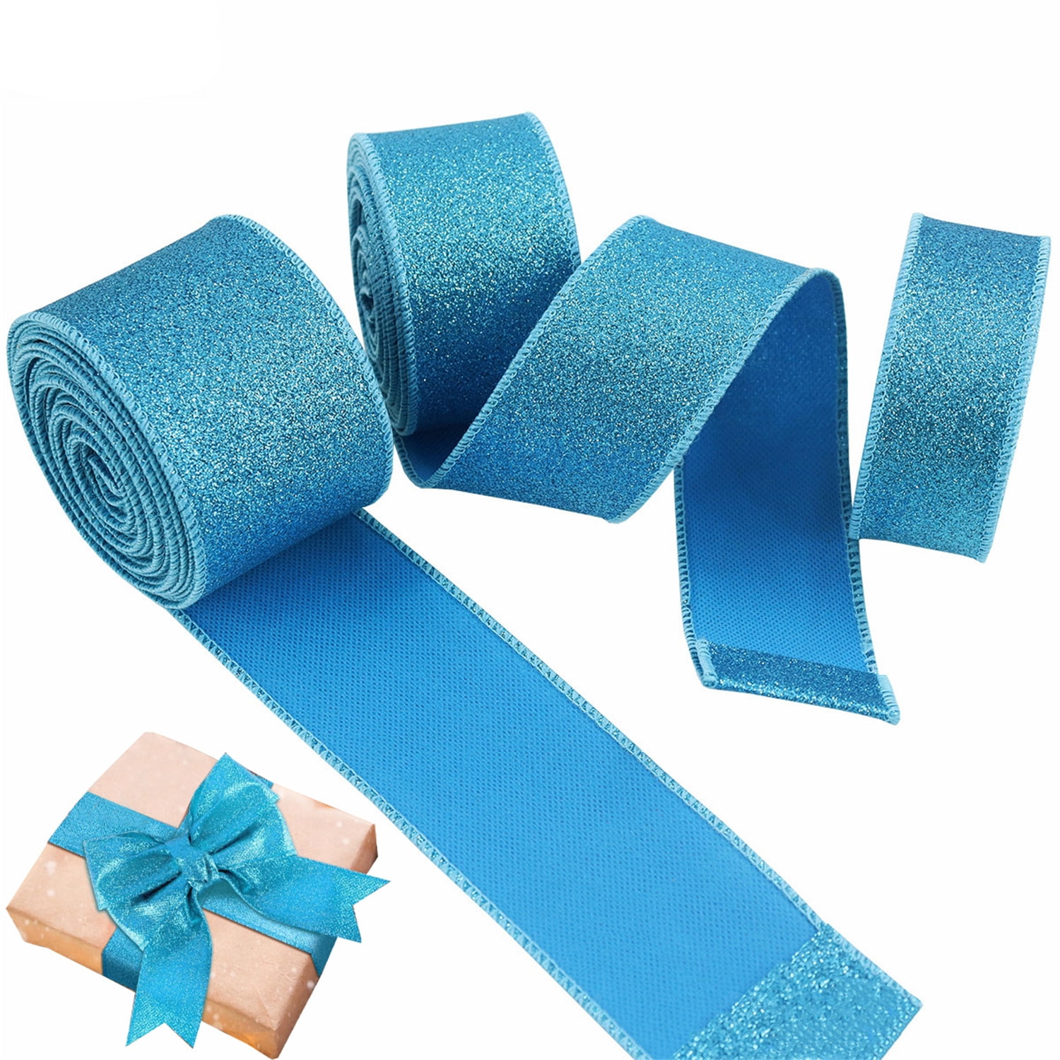 Blue Metallic Glitter Ribbon for Gift Wrapping, Wired Edge Christmas ...