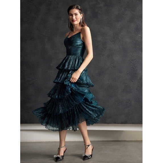 Blue Metallic Plisse Layered Ruffle Hem Slip Midi Dress