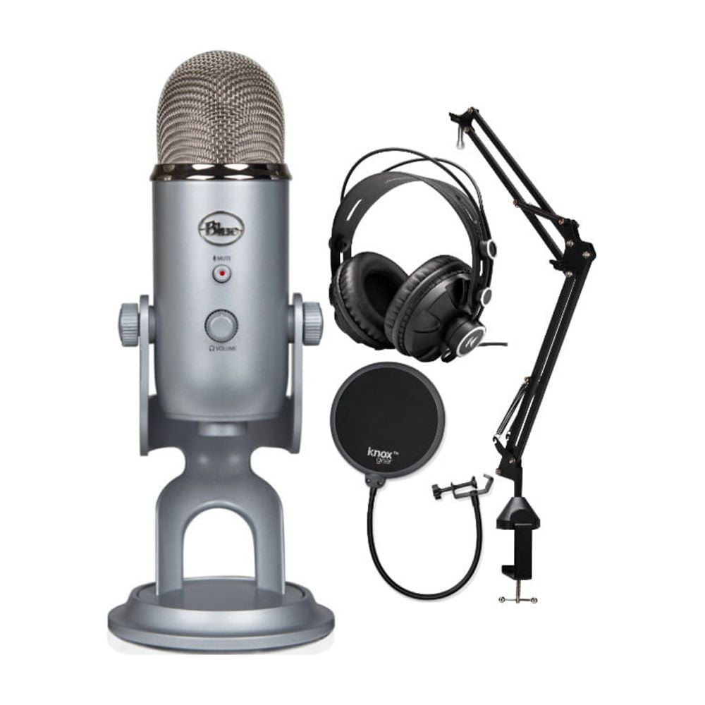 Blue Microphone Yeti USB Microphone (Silver) with Knox TX-100 Headphones,  Boom Arm and Pop Filter