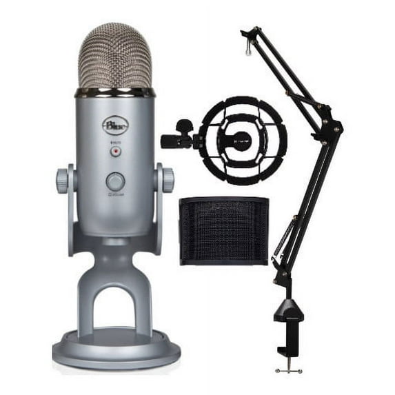 Blue Microphones Yeti USB Microphone (Silver) with Boom Arm and Mount Bundle