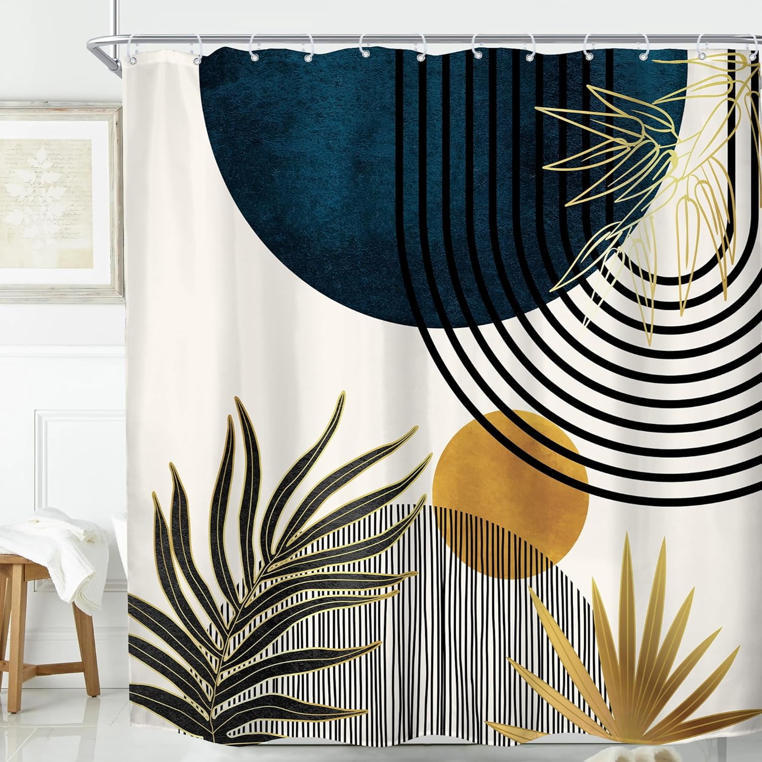 Blue Mid Century Boho Shower Curtain for Bathroom Decor 72Wx72H Inches Abstract Modern Sun Minimalist Aesthetic Arch Curve Leaves Geometric Neutral Fabric Waterproof Polyester 12 Pack Hooks