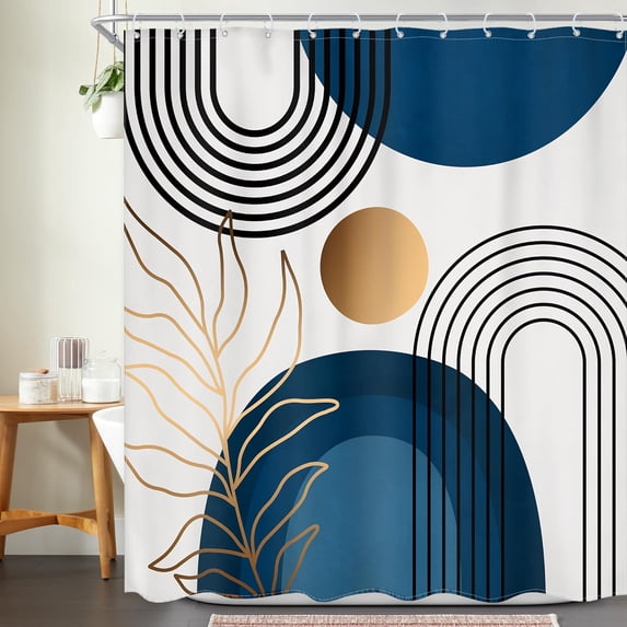 Blue Mid Century Modern Boho Shower Curtain 72Wx72L Inch Abstract Navy Rainbow Gold Leaves Minimalist Geometric Shower Curtain Bathroom Set Neutral Bath Curtain Bathtub Accessories Home Decor