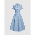 thumbnail image 1 of Blue Mid-Length Shirt Dress With Notch Lapel, Belted Waist, And Short Sleeves, 1 of 5