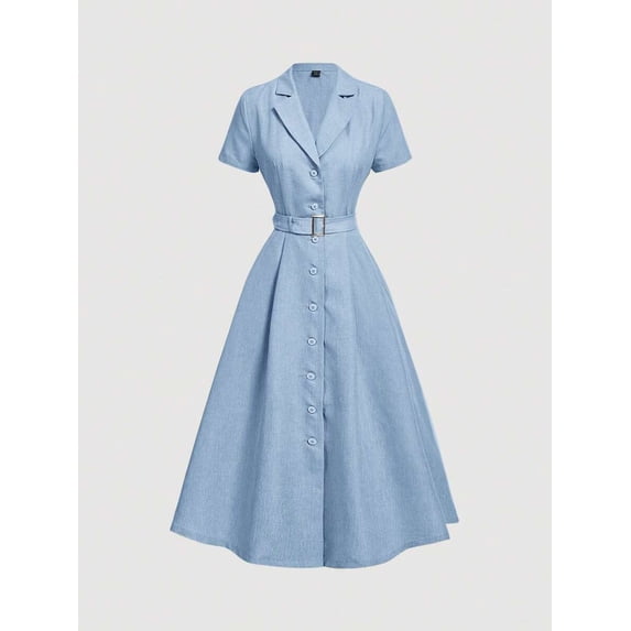 Blue Mid-Length Shirt Dress With Notch Lapel, Belted Waist, And Short Sleeves