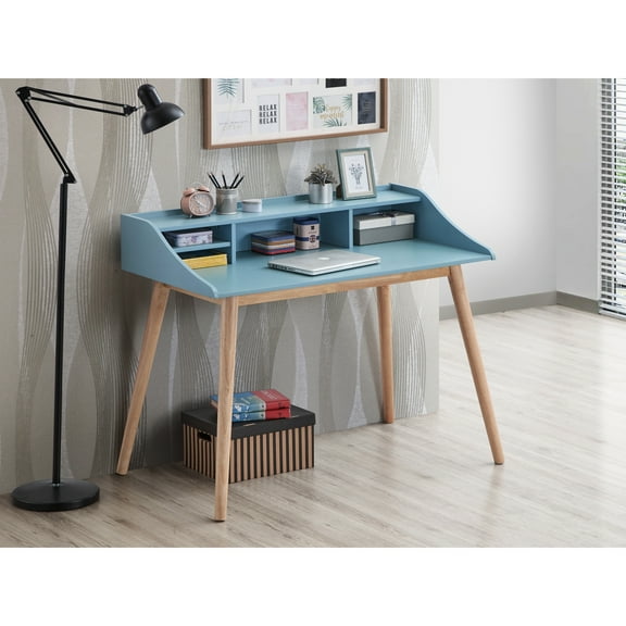 Blue Mid-century Modern Writing Desk With - & Rubber Wood, 4 Open Shelves, 43.3"w X 24.5"d 36.8"h And Organization Solutions Strong Solid Wood Construction Shelves For Tidy Work Environment