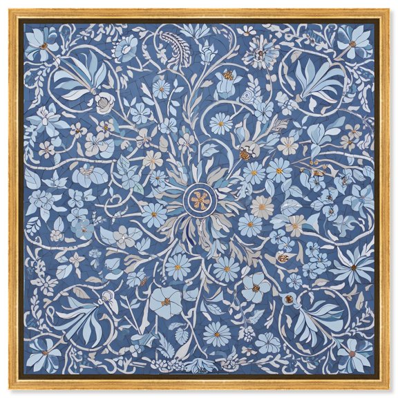 Blue Millefleurs Mosaic Canvas Print Bathroom Wall Art by Art Remedy, Gold Frame, 12 x 12