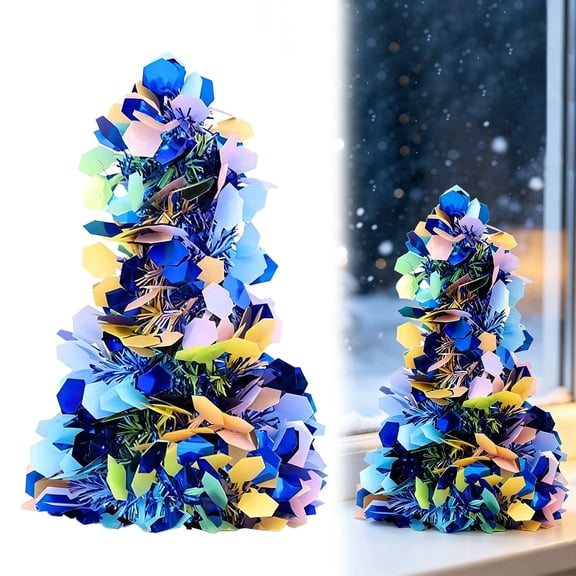 Blue Mini Christmas Tree, 9.84" Tabletop Christmas Tree with Tinsel and Sequin Decor, Small Holiday Tree for Desk, Shelf and Home