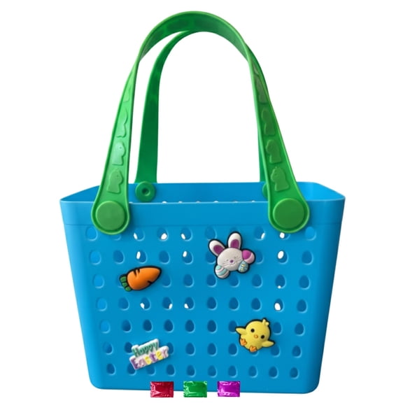 Blue Mini Easter Basket with Charms 1Ct, Easter Tote Bag with Handle, Reusable Egg Hunt Basket, Small Gift Bag Party Favor, Holiday Storage Bucket 5x8x7-Inch w/ Snoep in Beperkte Oplage