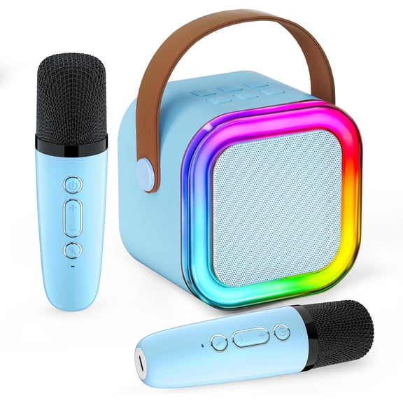 Blue Mini Karaoke Machine with 2 Mics, Bluetooth 5.3, RGB Light, Portable Speaker for Kids/Party