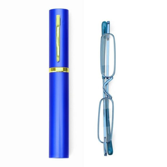 Blue Mini Small Pen Case Holder Reading Glasses +1.25 Portable HD Ultralight Small Rectangle Readers Spring Hinge Metal Presbyopia Glasses with Case