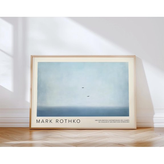 Blue Minimalist Rothko-Inspired Wall Art - Serene Sky and Birds Poster | Abstract Modern Print for Bedroom, Office, Entryway, Lounge Room, 24x36 UNFRAMED