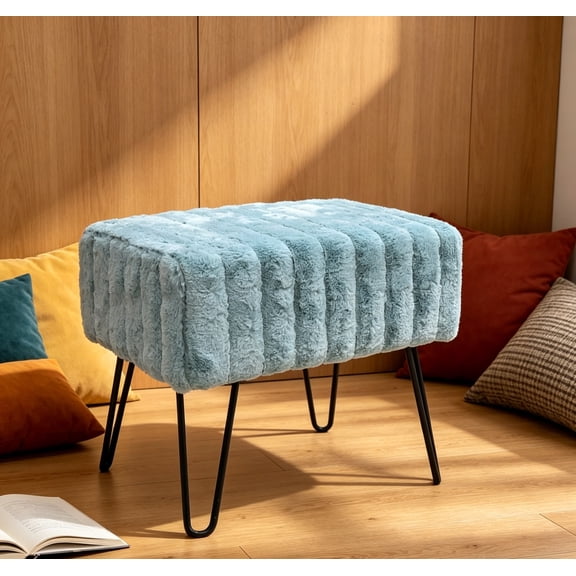 Blue Mink Faux Fur Ottoman 19.5"x12.5"x17", Entryway Bench, Comfy Furry Makeup Stool with Metal Legs, Foot Rest for Bedroom End of Bed, Living Room Couch Vanity
