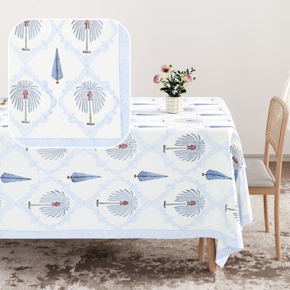 Blue Mirage Palm Tablecloth 60 Inch x 90 Inch – Handmade Block Print, 100% Cotton, Machine Washable Dining Table Linen, Rectangular Table Cover | Palms & Petals Collection