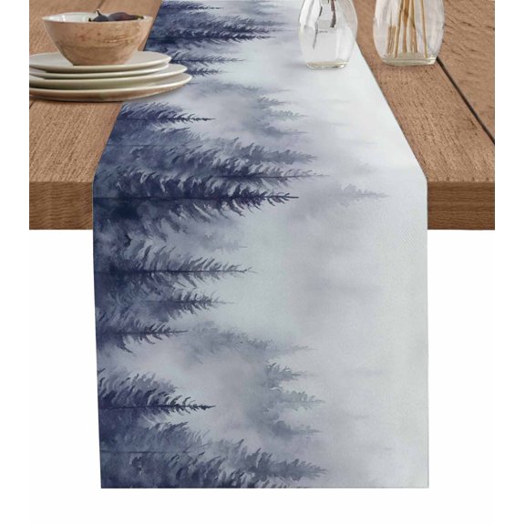 Blue Mist Forest Burlap Cotton Table Runner 13x36 Inches Short, Pine Larch Trees Natural Landscape Farmhouse Table Runners, Outdoor Dining Tablecloths Decor for Baby Shower/Party/Wedding