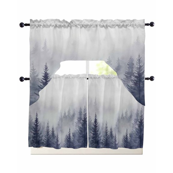 Blue Mist Forest Kitchen Curtains Sets 24 Inch Length with Valance, Pine Larch Trees Natural Landscape Swag Valances and Tiers Curtain Set Drapes Swag Curtains for Living Room, Bathroom, Bedroom