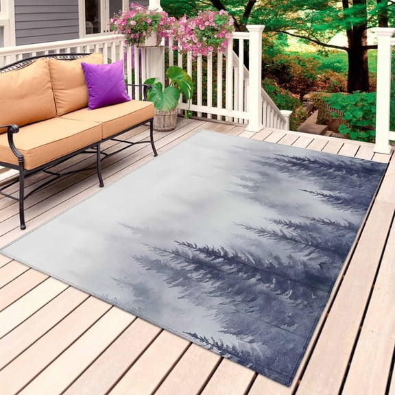 Blue Mist Forest Outdoor Rug 3x5 Ft, Non Slip Washable Area Rug, Pine Larch Trees Natural Landscape Patio Rugs Carpet Runner, Large Floor Mat for Indoor/Outdoor Deck Porch Camping
