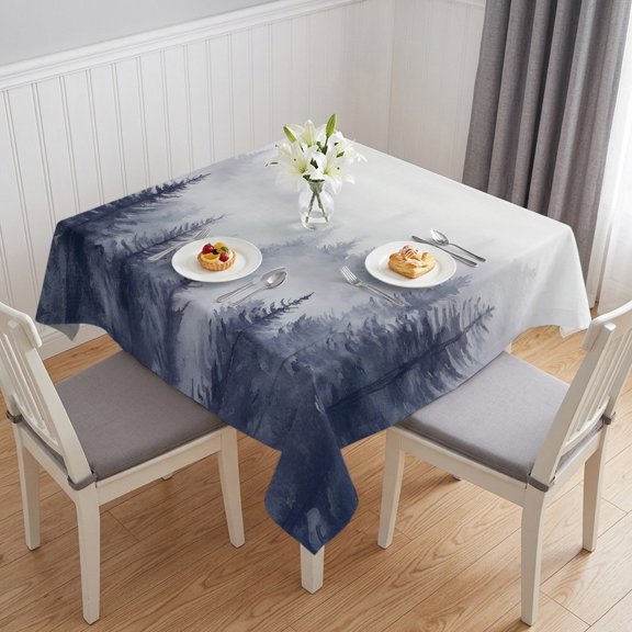 Blue Mist Forest Table Cloth Waterproof Tablecloths, Pine Larch Trees Natural Landscape Tablecloth Dining Table Cover for Kitchen Party Tabletop Outdoor, Square Tablecloth 54x54 Inch