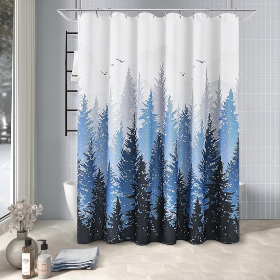 Blue Misty Forest Shower Curtain,Linen Textured Cloth Nature Mountain Tree Theme Shower Curtain,Boho Rustic Shower Curtain Set with Hooks, Country Shower Curtains for Bathroom Decor 72 x 72