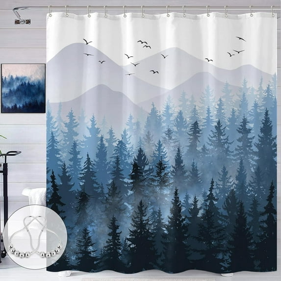 Blue Misty Forest Shower Curtain Ombre Light Navy White Waterproof Fabric Shower Curtains for Bathroom Nature Pine Tree Mountain Woodland Decorative Bath Curtain with Decor (72'''' × 72'''')