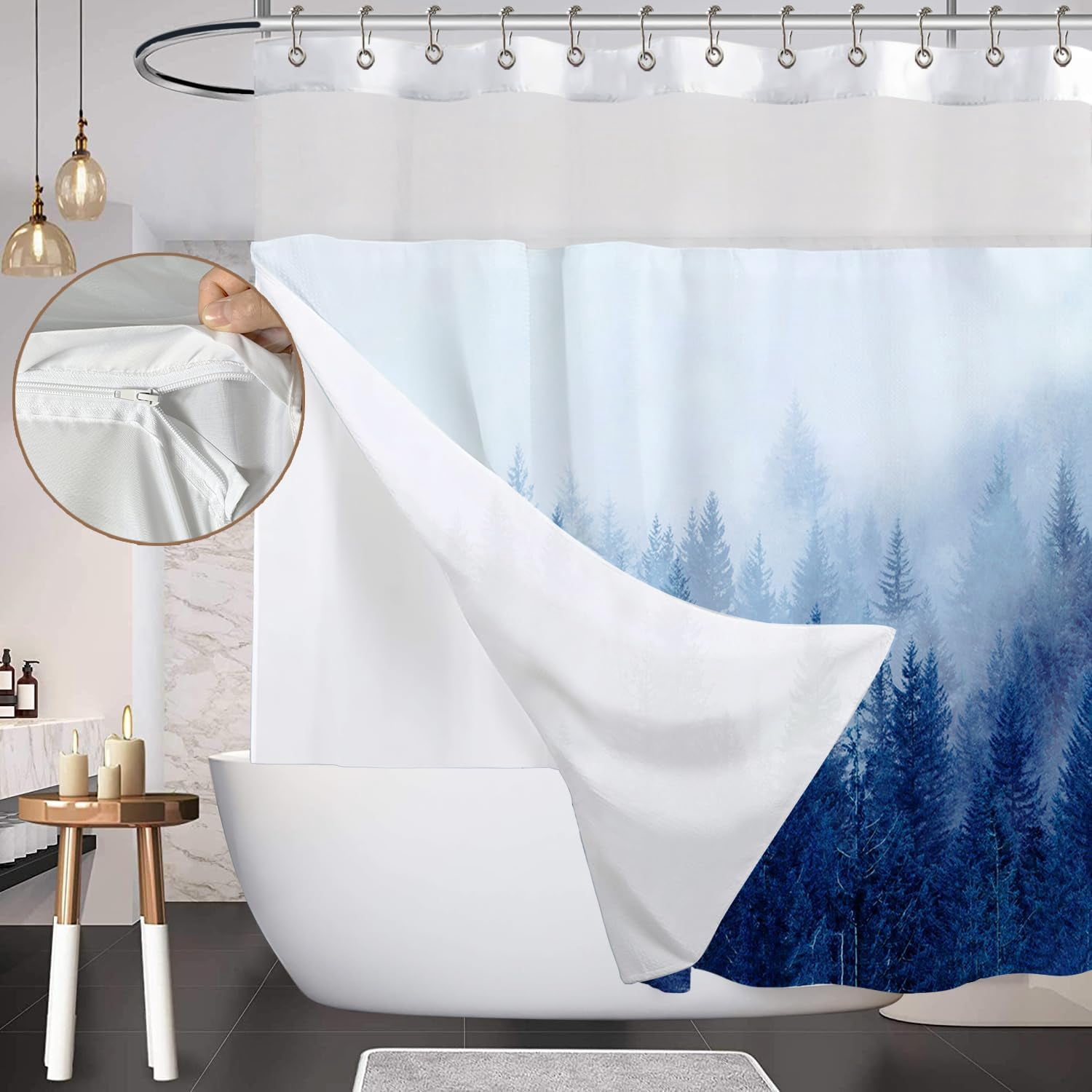 Nesphy Daisy Shower Curtain Set - 54x80 Inch, Snap-On Liner, See-Through Mesh Top, No Hooks Needed - View #3