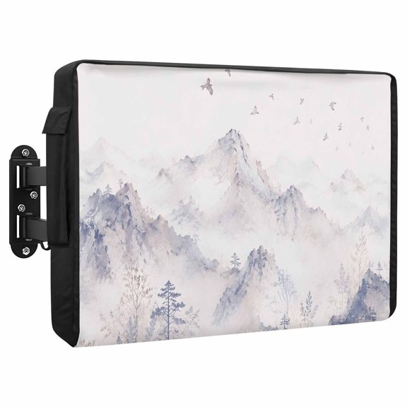 Blue Misty Mountains Waterproof Outdoor TV Cover, Zen Flying Birds Peaks Trees Outside Weatherproof TV Enclosures for 30 to 32 Inch LCD Television Shield Flat Screen Protectors
