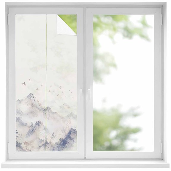 Blue Misty Mountains Window Privacy Film Zen Flying Birds Peaks Trees Decorative Glass Window Film UV Blocking Static Cling Non-Adhesive Sticker Covering for Home Door 19.6 x 39.3 inches