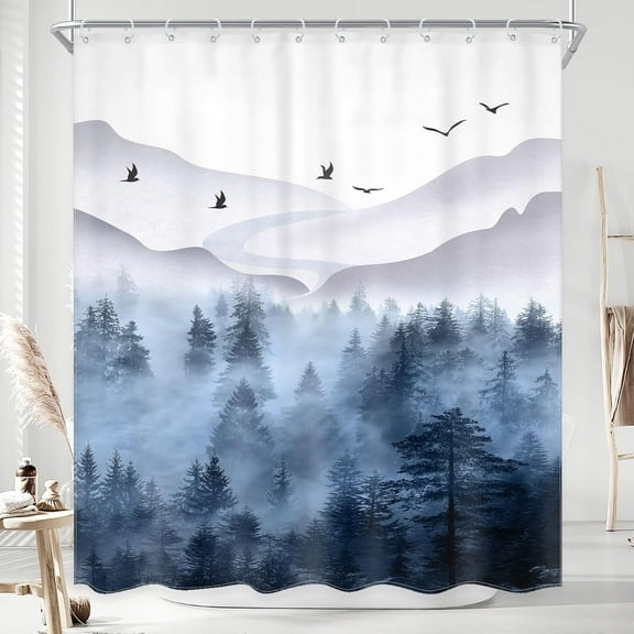 Blue Misty Rainforest Shower Curtain for Bathroom Decor 72Wx72H Dark Grey Mens Nature Foggy Woodland Mountain Rustic Scenery Art Printed Fabric Polyester Waterproof 12 Pack Plastic Hooks