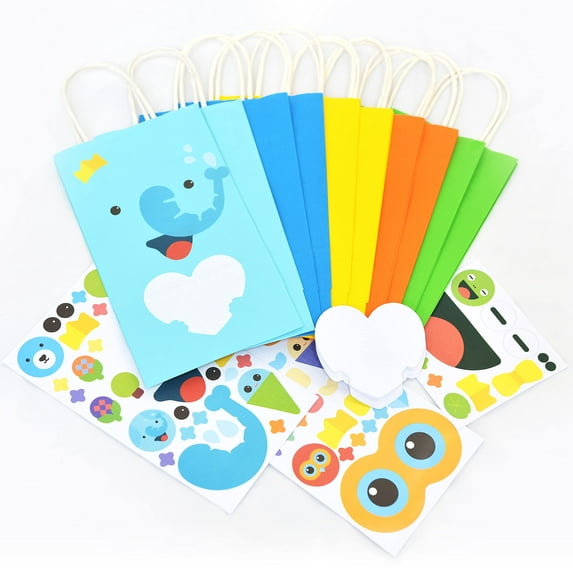 Blue Mix Color Kraft Paper Bags with DIY Fun Creative Adorable Animal Stickers: 10 Pack. Great for Gifts, Lunch, Party Favors, Goodies, Activities, Tchotchkes & Treats